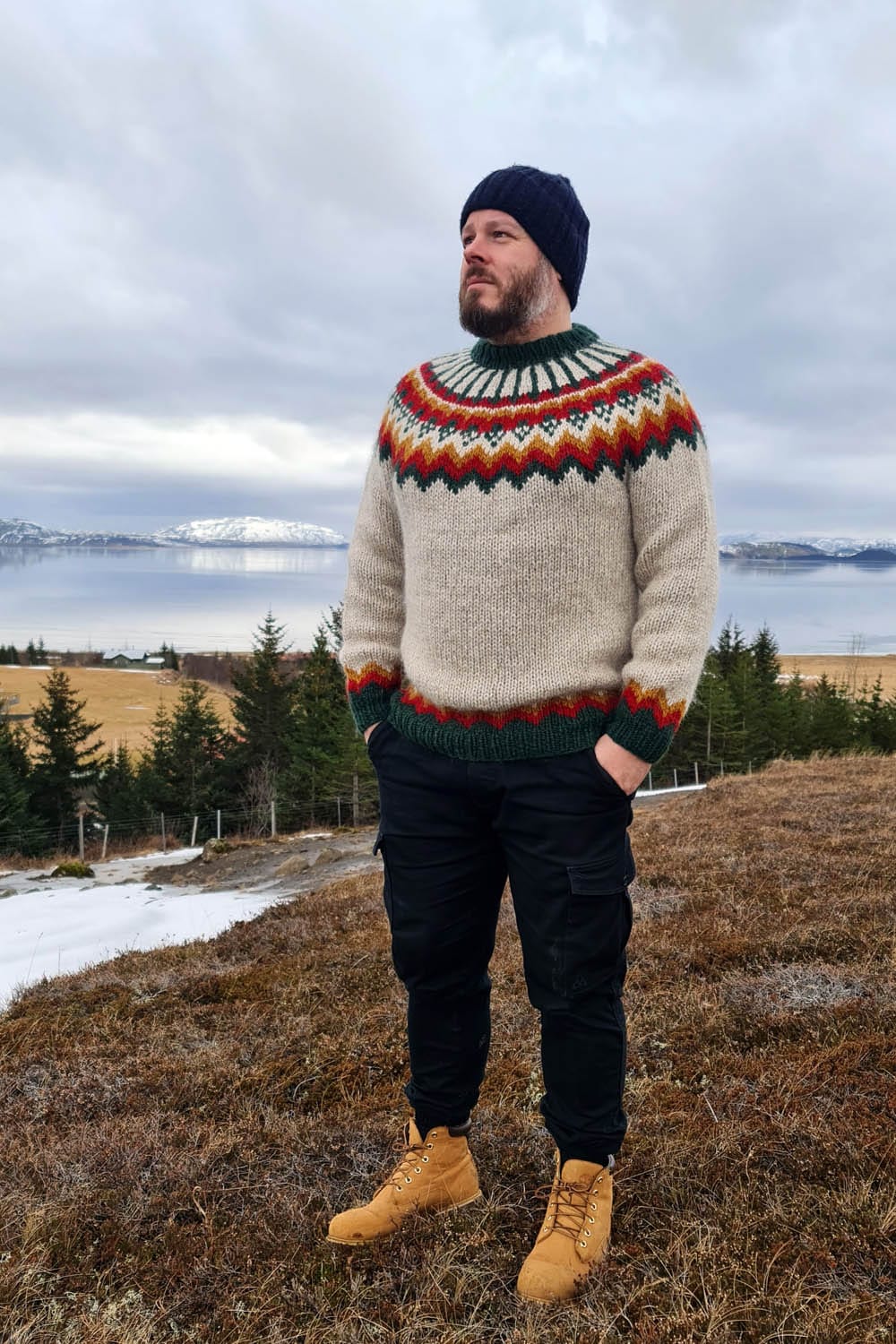 Authentic hand-knitted Icelandic lopapeysa wool sweater with a traditional patterned yoke