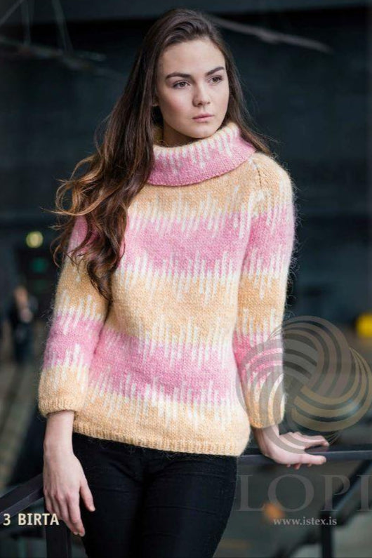 Icelandic sweater knitting kit with wool yarn and a traditional yoke pattern