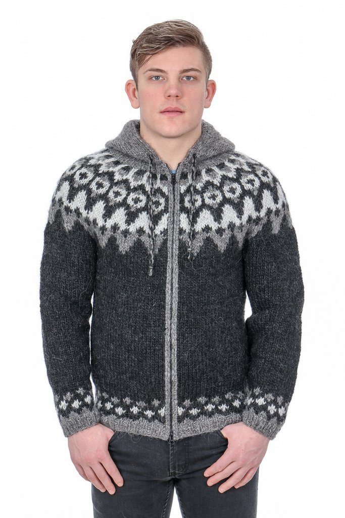 Icelandic handknitted tailor made wool cardigans for men with hood. 