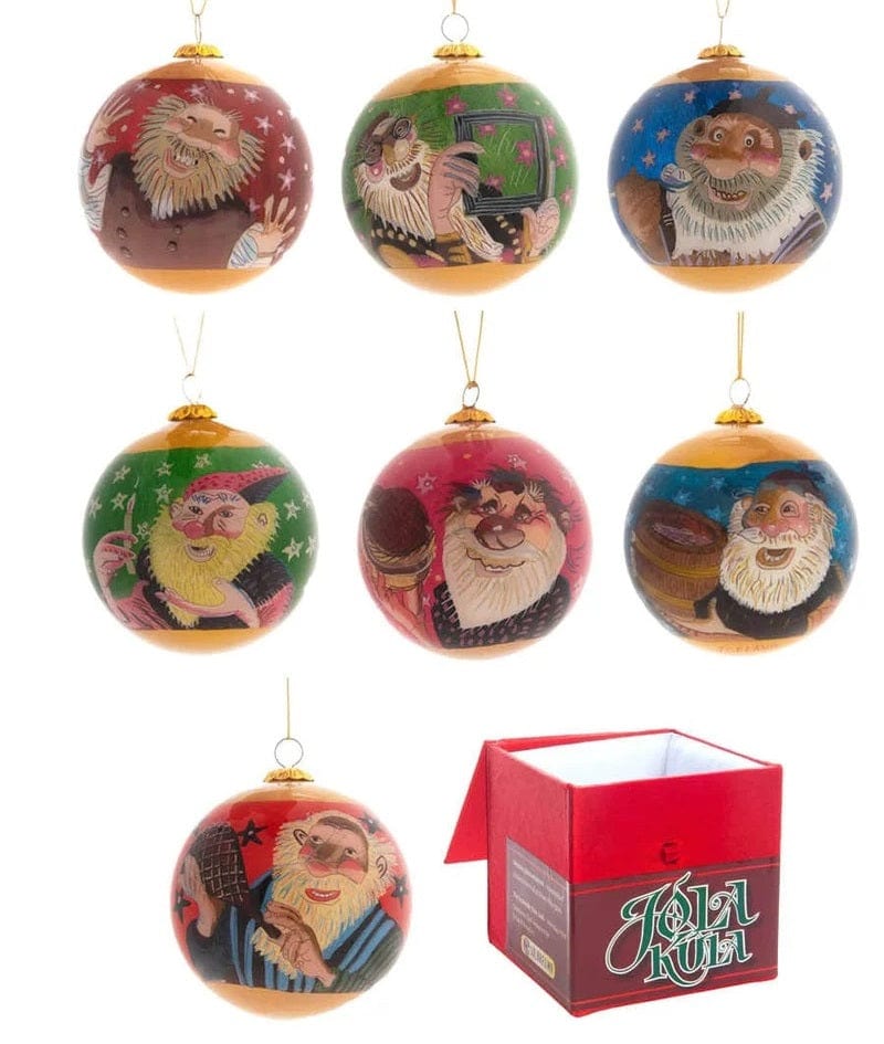 Yule lads collection of hand-painted hanging Icelandic Christmas ball ornaments.