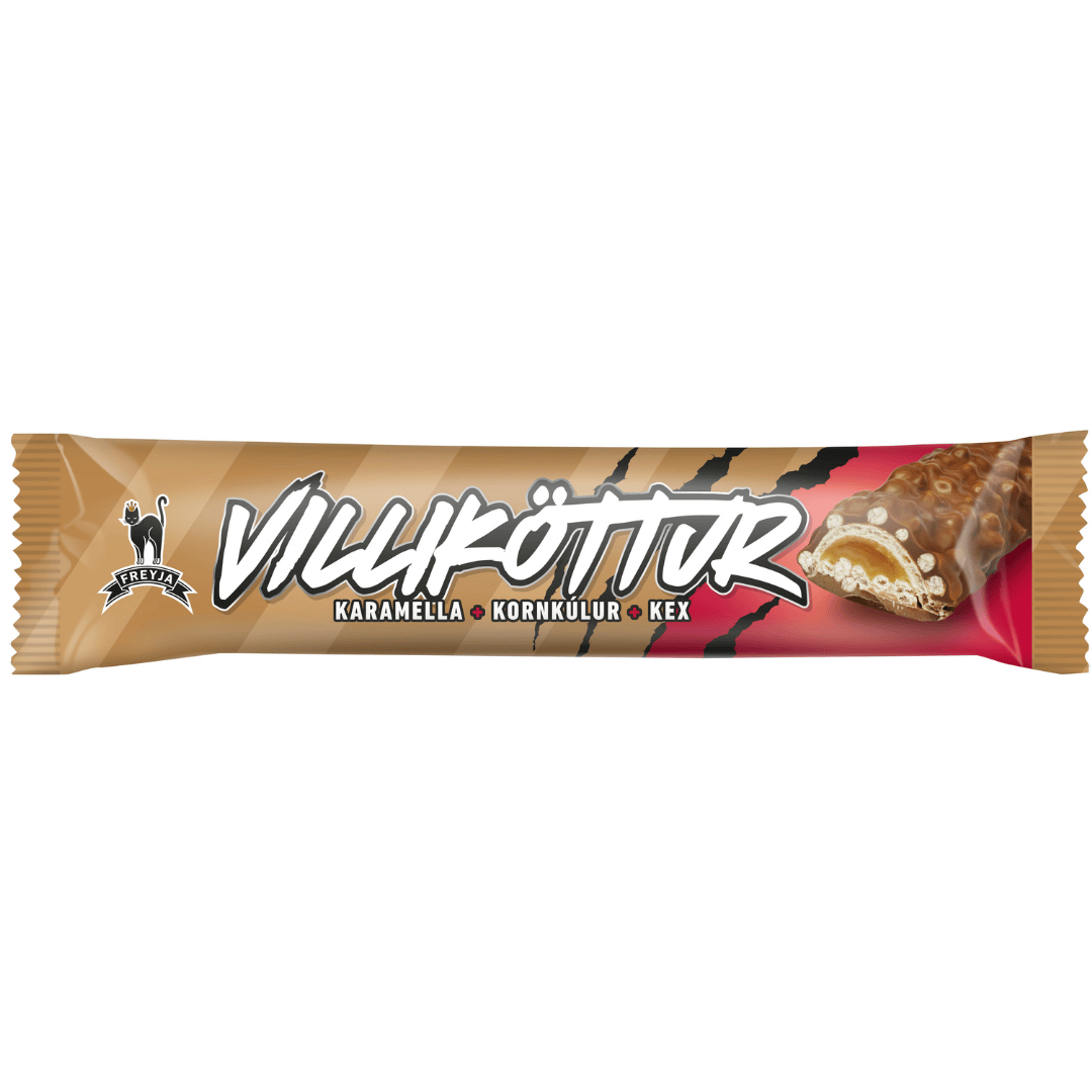 Freyja Villiköttur 50 g bar, caramel, crisp rice and biscuit