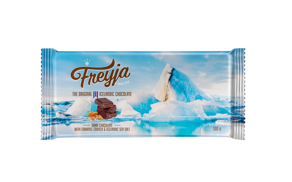 Freyja Jökulsárlón dark chocolate with caramel crunch and sea salt, 100 g
