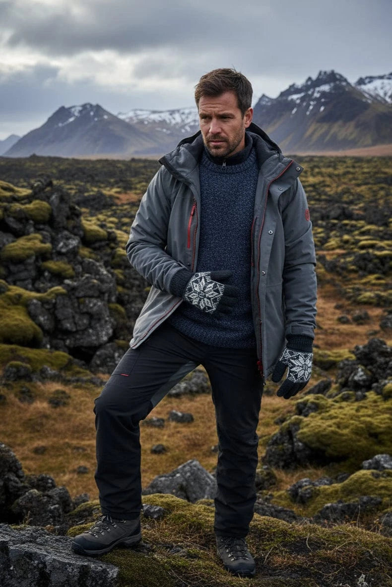 Black gloves with a white pattern on a nature background