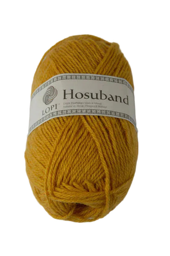 Yellow skein of yarn with a 'Hosuband' label on a white background