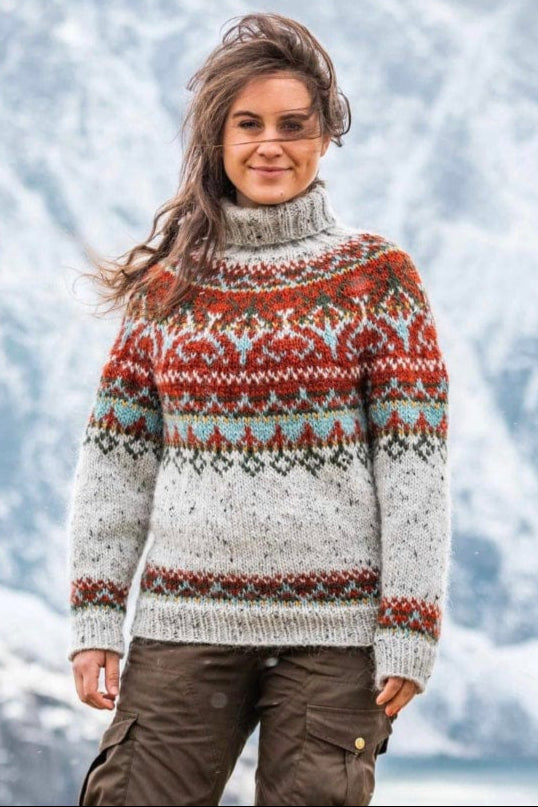 Alasuq Light Ash Heather and Golden Heather Wool Sweater - Alafosslopi Knitting Kit - The Icelandic Store