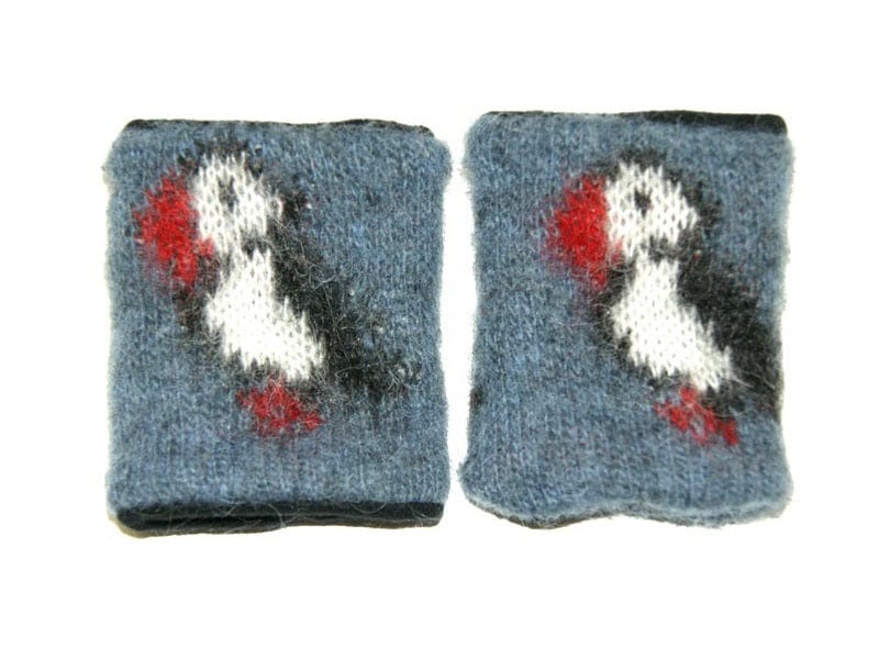 Woolen Wrist Warmers - Puffin pattern Blue - The Icelandic Store