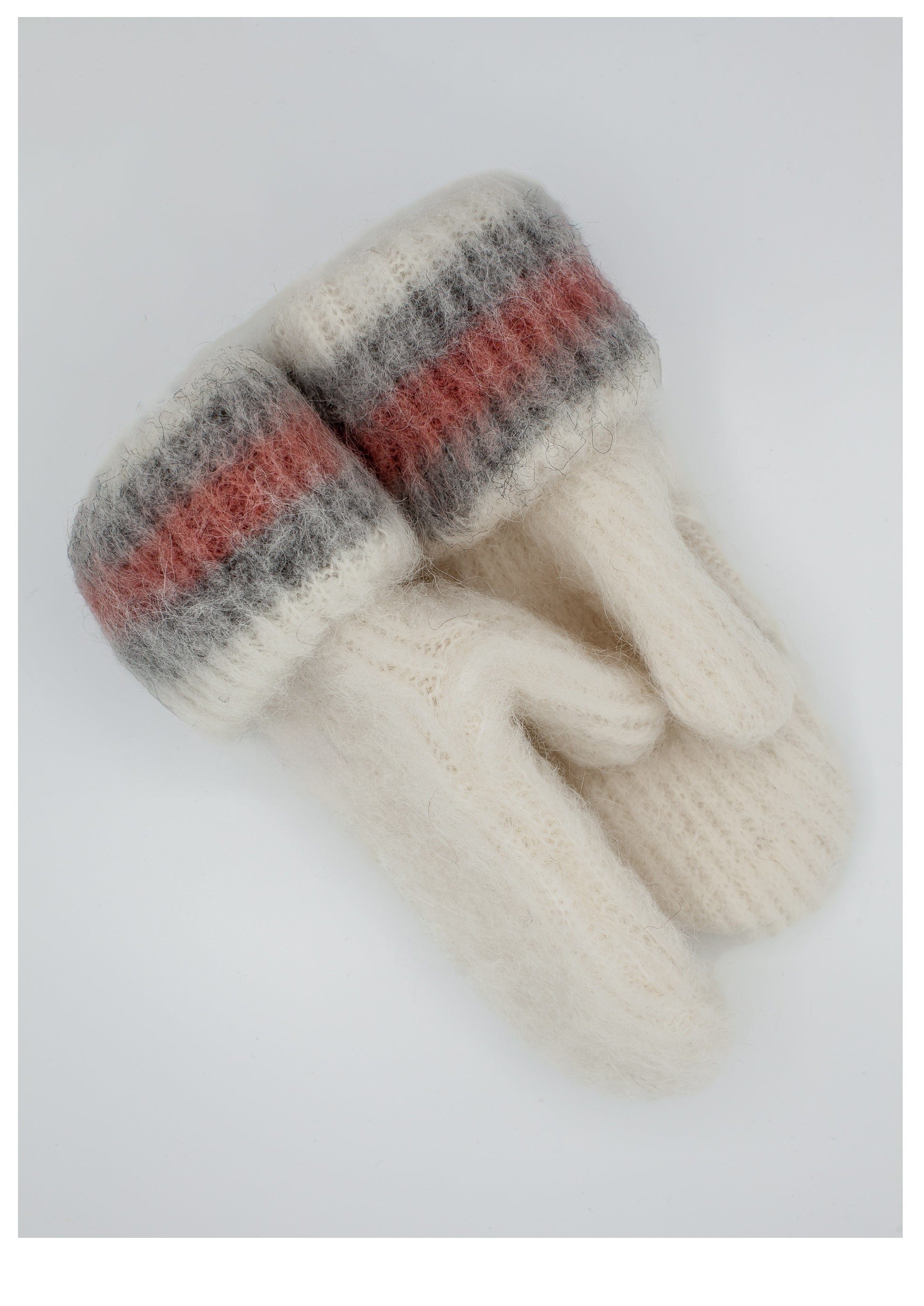 Brushed Wool Mittens - White with pink and grey stipes - The Icelandic Store