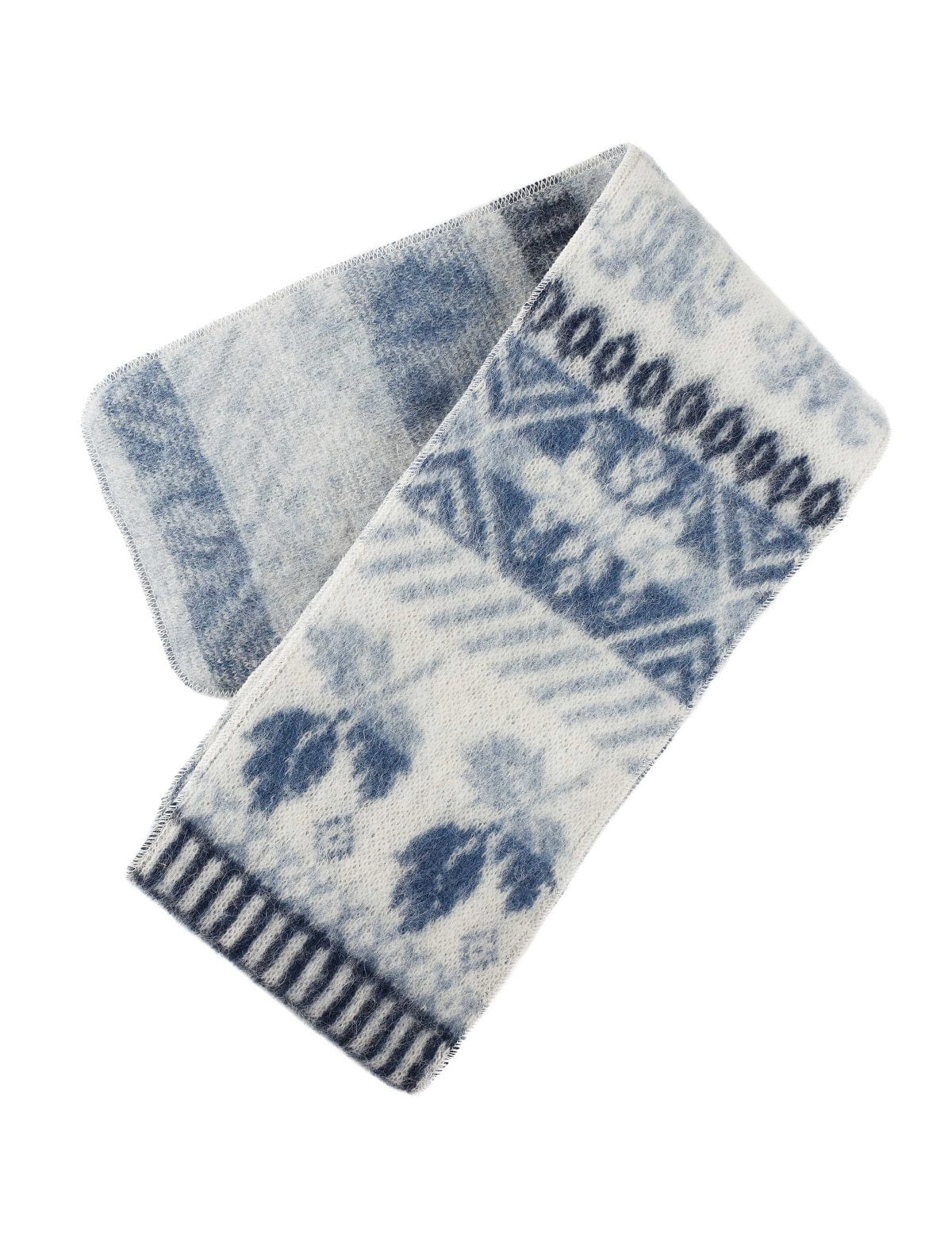 Brushed wool scarf 8-petalled rose pattern - White / Blue - The Icelandic Store