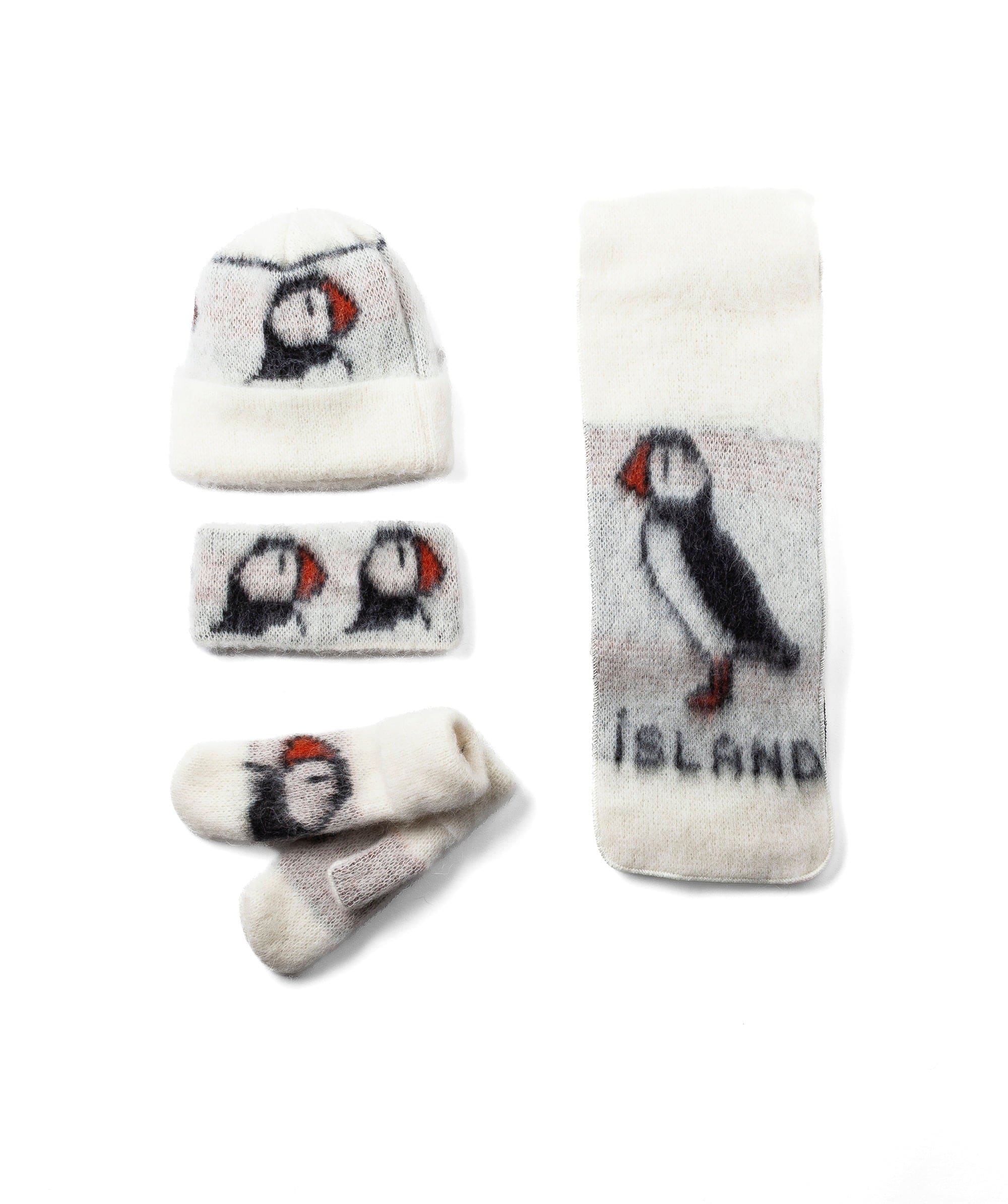Pack of 4 Puffin - Brushed Wool Mittens, scarf, hat & headband - The Icelandic Store