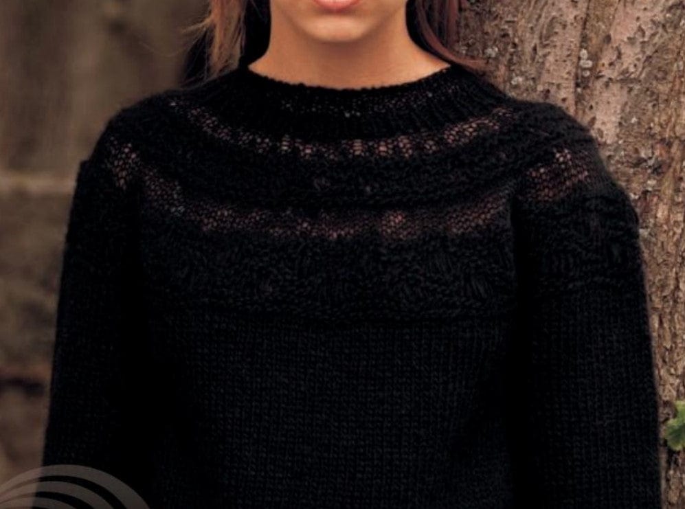 Close view of the yoke of the black Bylgja — two see-through Einband bands, purl ridges, bands of long stitches and the rolled neck edge