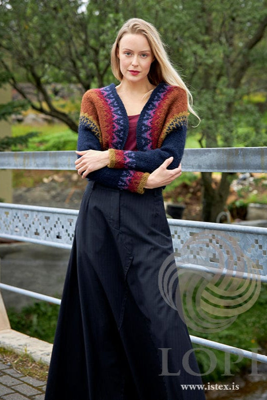 Carmen - Blue and Rust Red Shrug open front Knitting Kit - The Icelandic Store