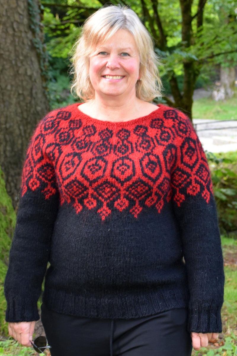 Elina Grande - Black, Red and Orange Alafosslopi Wool Sweater Knitting Kit - The Icelandic Store