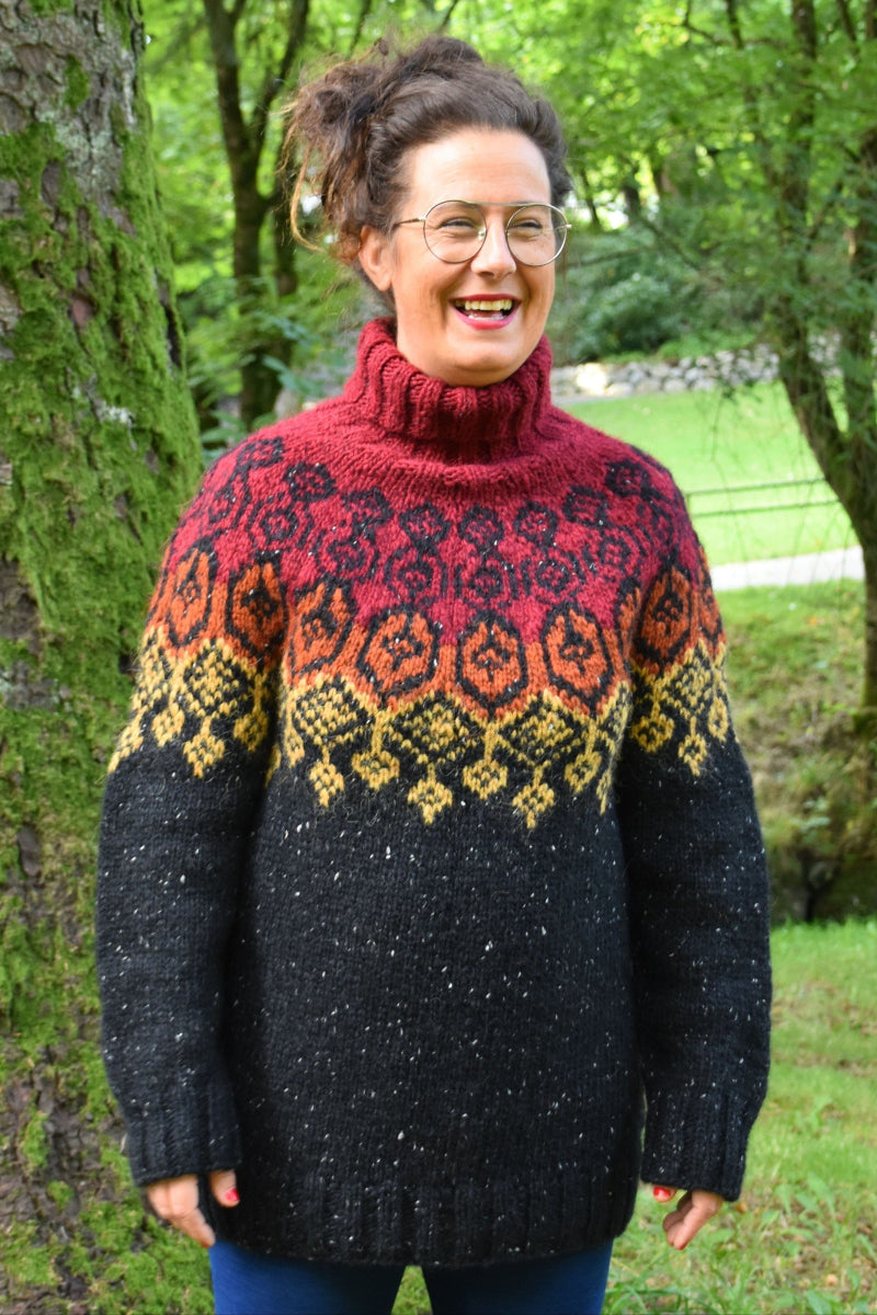 Elina Grande - Black, Red and Orange Alafosslopi Wool Sweater Knitting Kit - The Icelandic Store