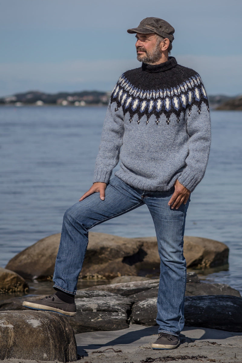 Finnbogi Denim Heather Wool Sweater - Knitting Kit - The Icelandic Store