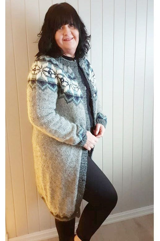 Hanne - Long Light Grey Wool Cardigan Sweater Knitting Kit - The Icelandic Store