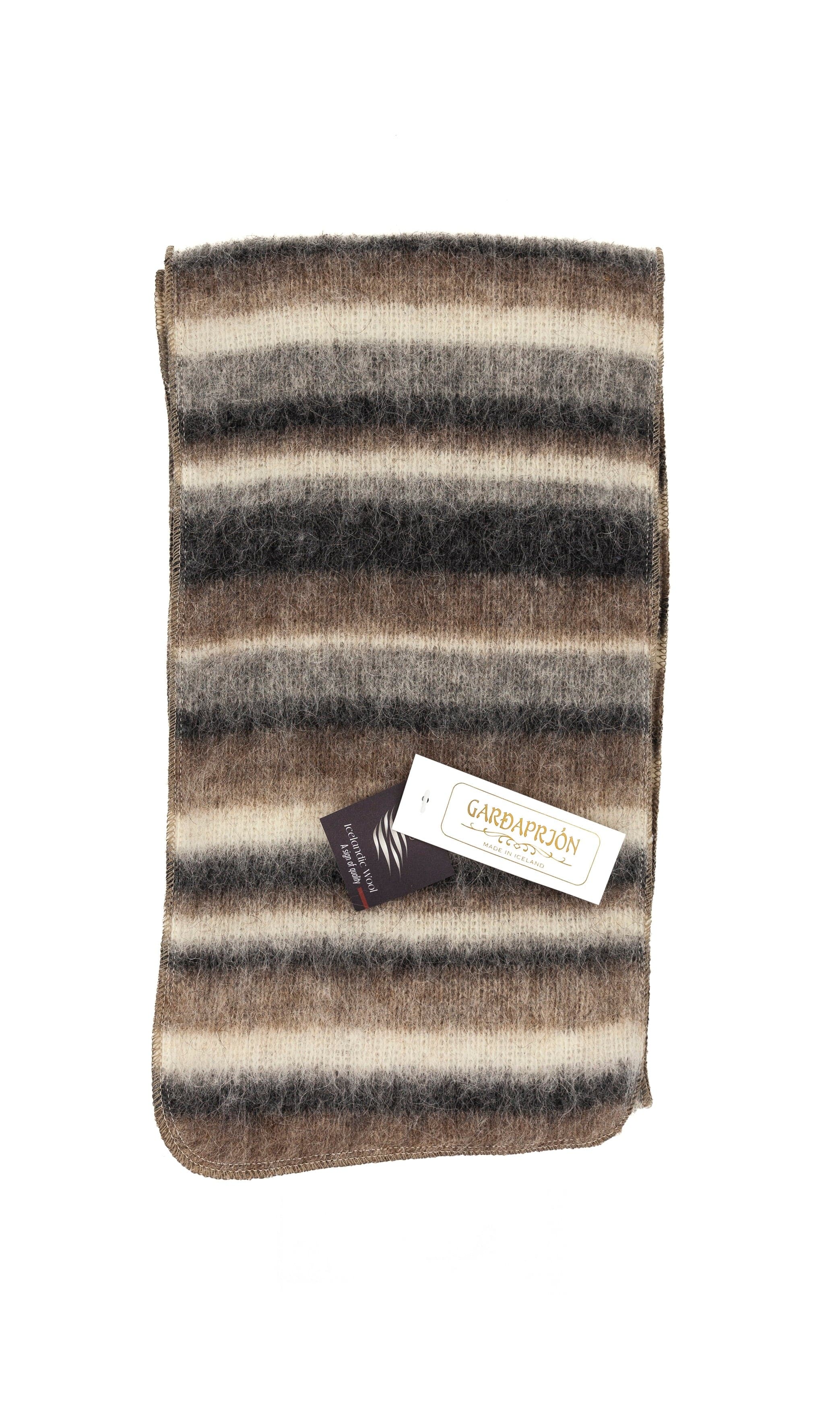 Brushed Beige Wool Scarf with black, white and grey striped pattern - The Icelandic Store
