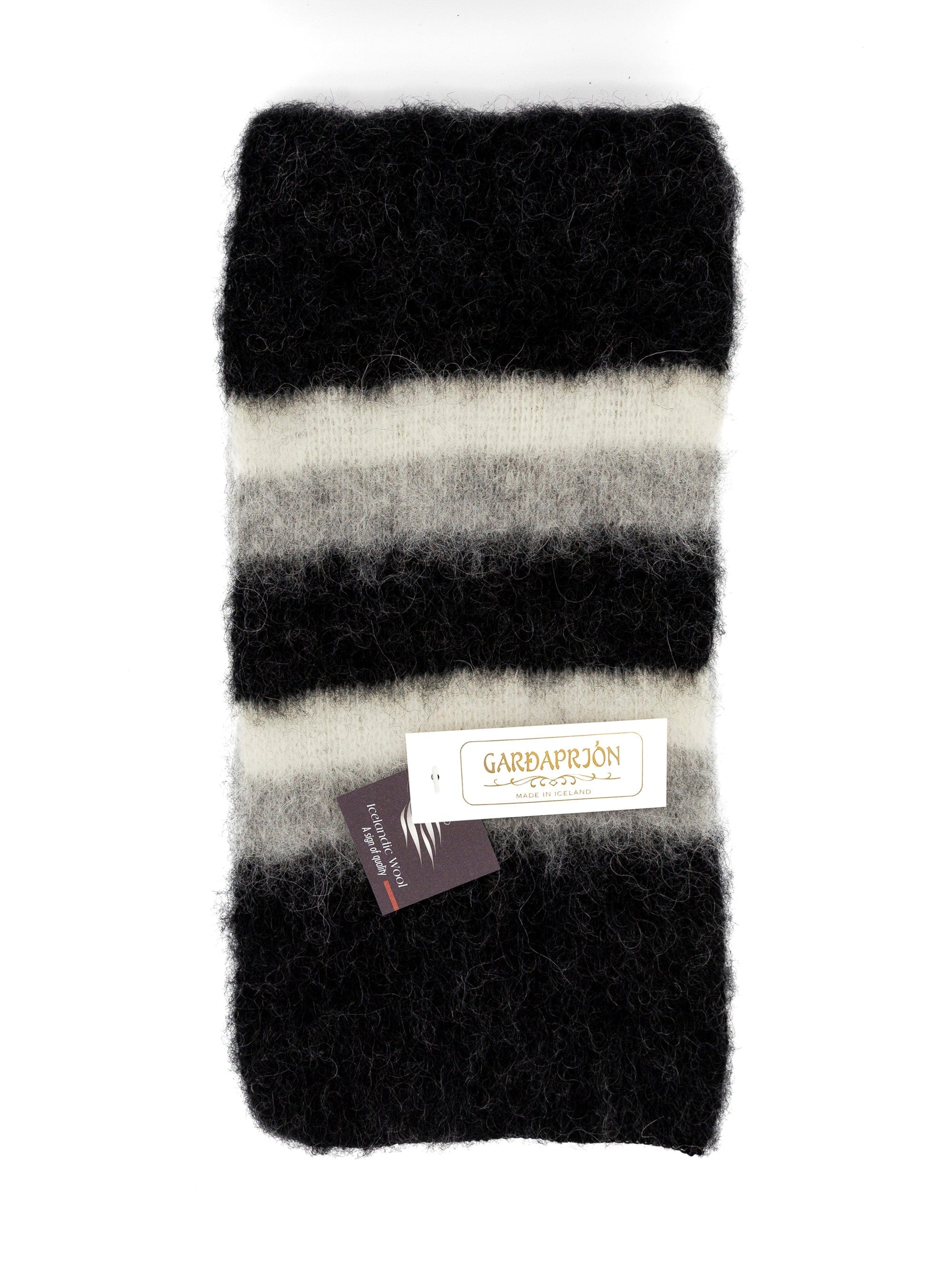 Brushed Black Wool Scarf with white and grey stripes - The Icelandic Store