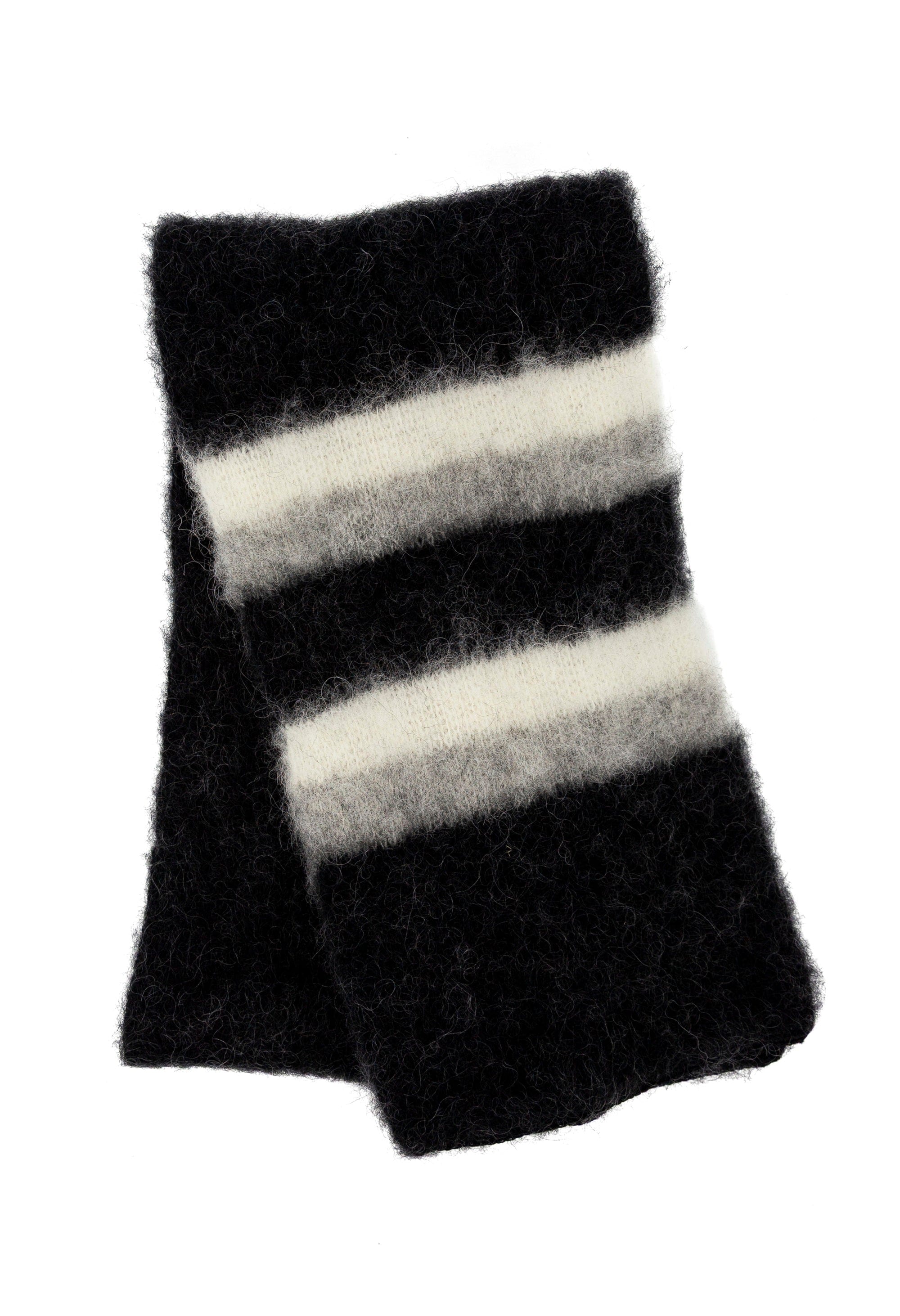 Brushed Icelandic Wool Mittens - Black with Grey and White stripes - The Icelandic Store
