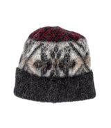 Brushed Black Wool Hat - Grey and Red frost rose pattern