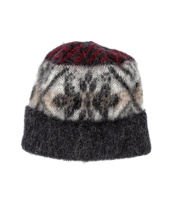 Brushed Black Wool Hat - Grey and Red frost rose pattern