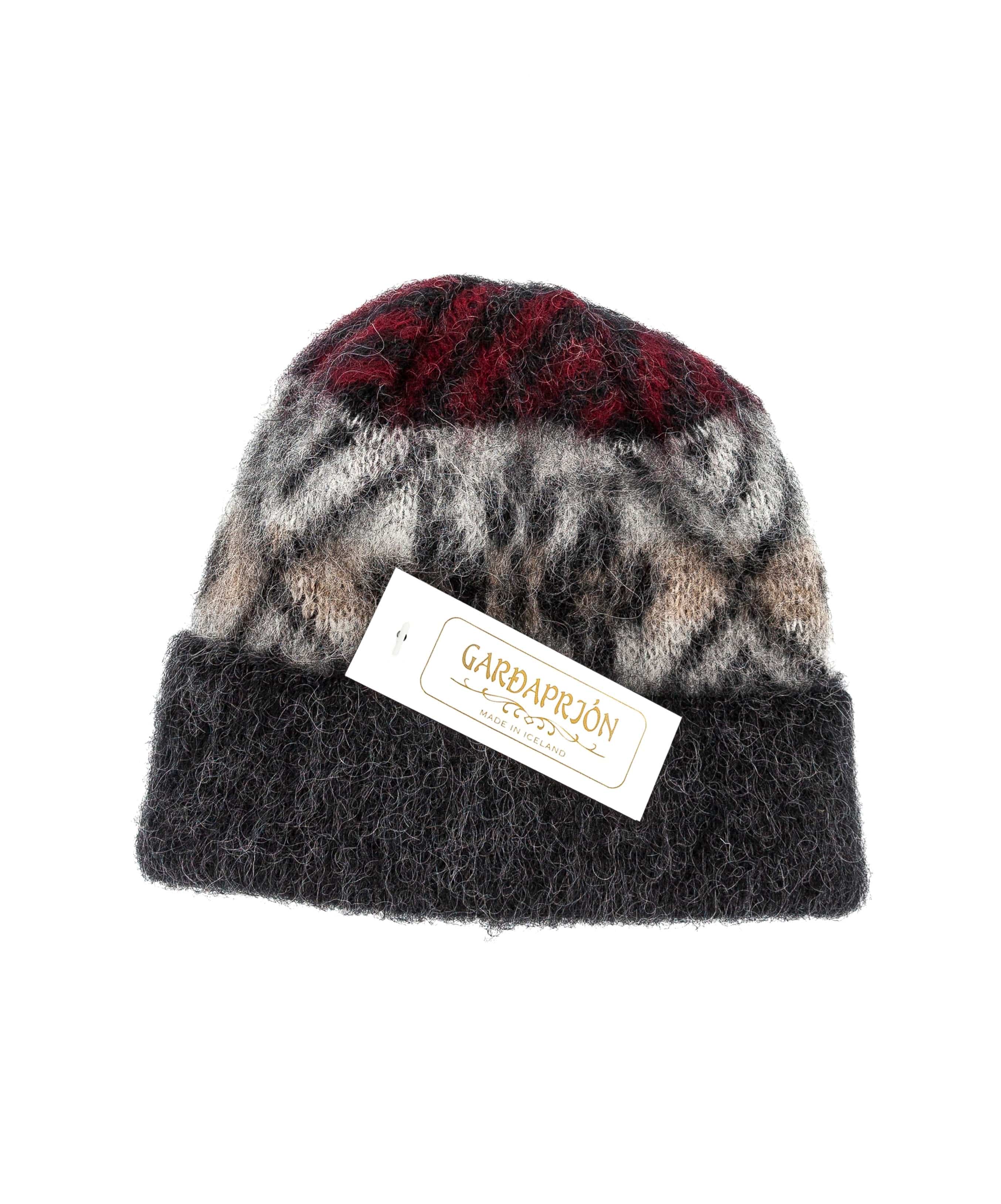 Brushed Black Wool Hat - Grey and Red frost rose pattern - The Icelandic Store