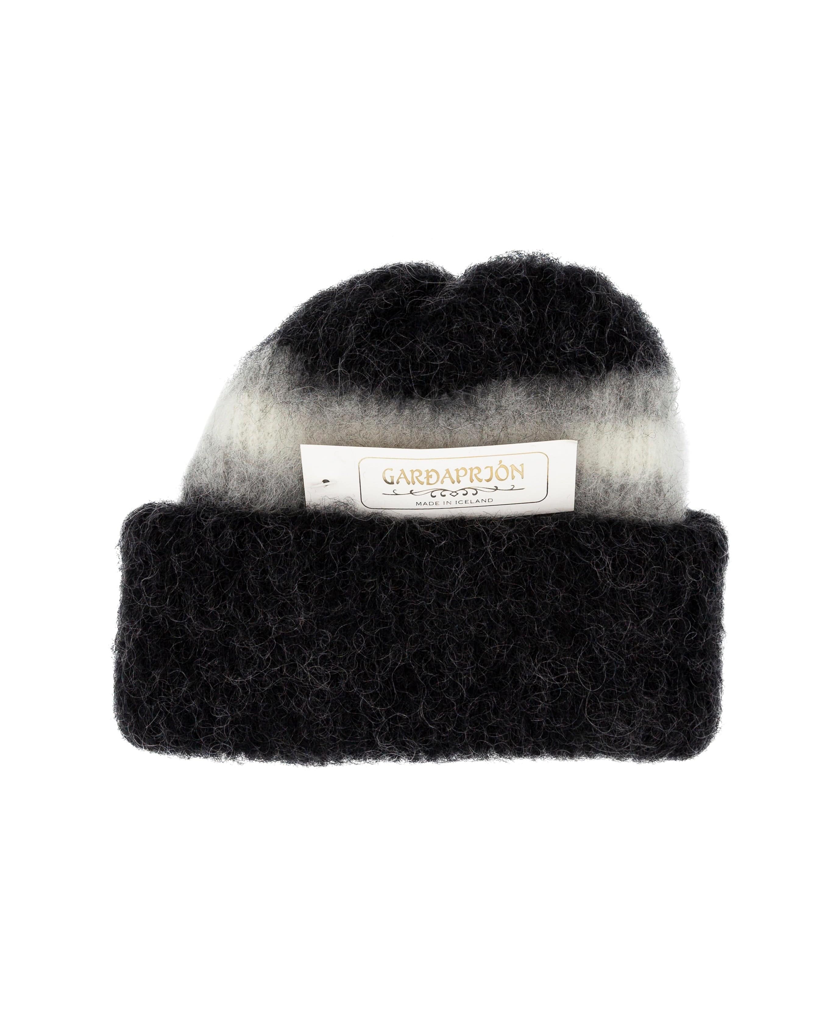 Brushed Black Wool Hat- White and Grey stripes - The Icelandic Store