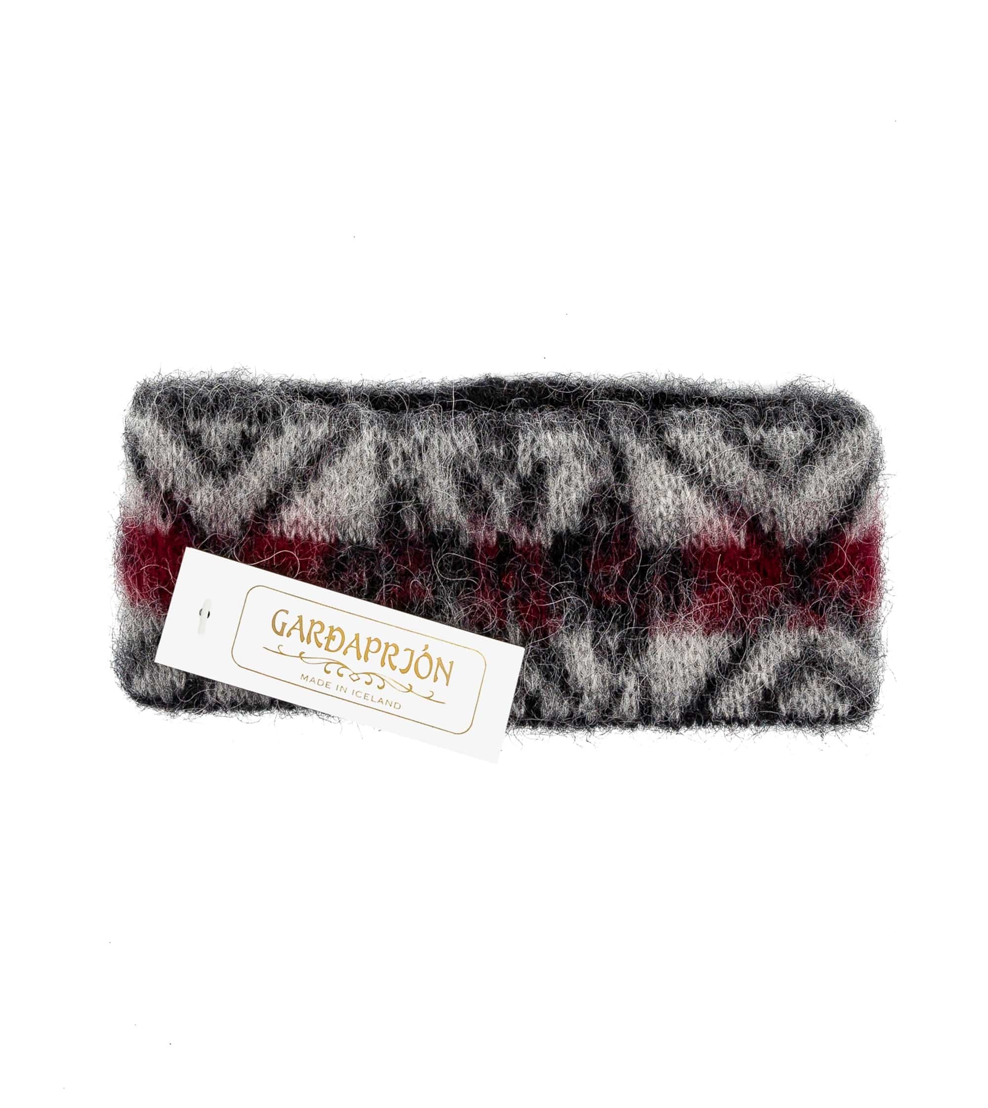 Brushed Wool Headband - Black with light grey and red frostrose - The Icelandic Store