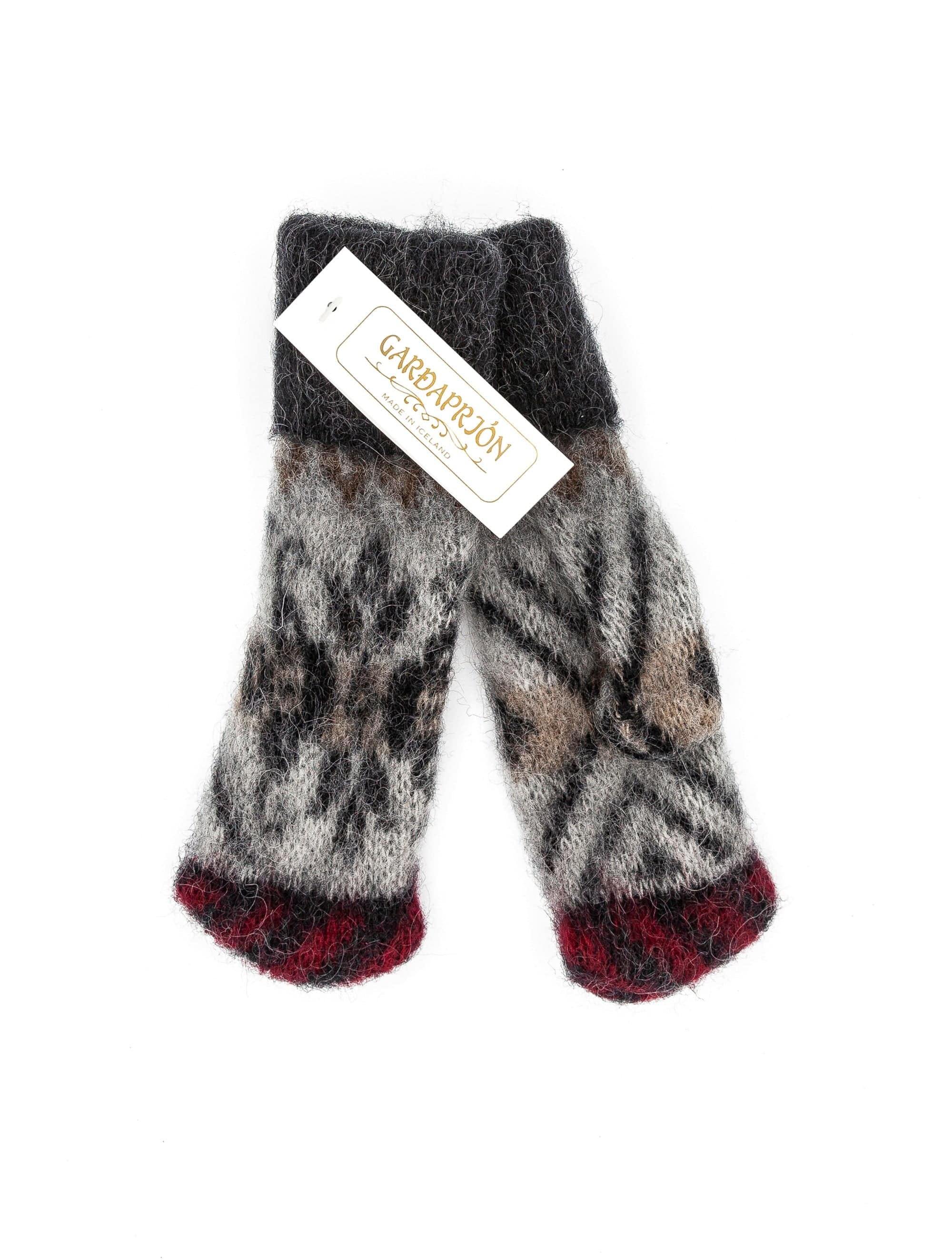Brushed Icelandic Wool Mittens - Black with Grey and red rose pattern - The Icelandic Store