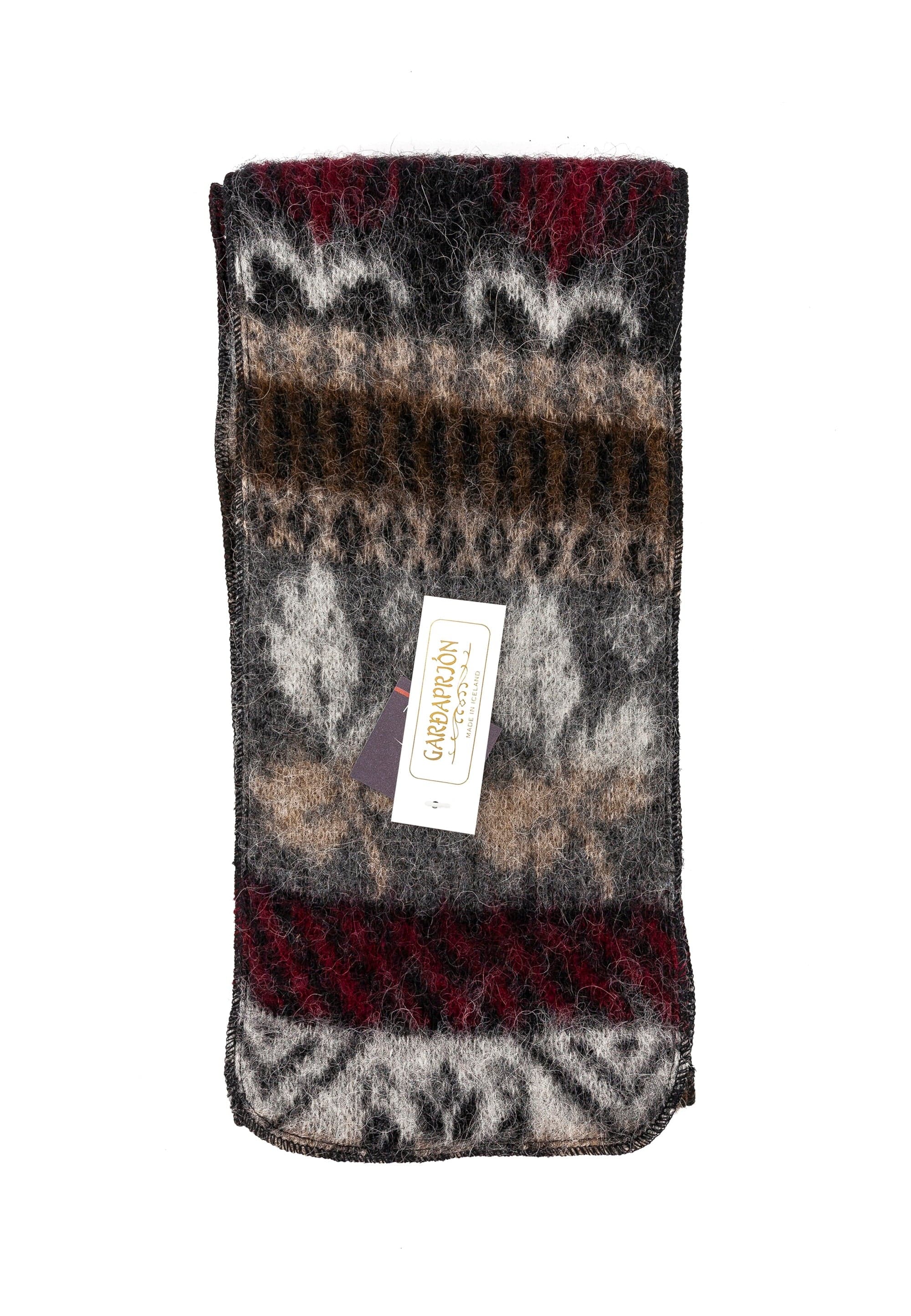 Brushed Black Wool Scarf with red and grey frost rose pattern - The Icelandic Store