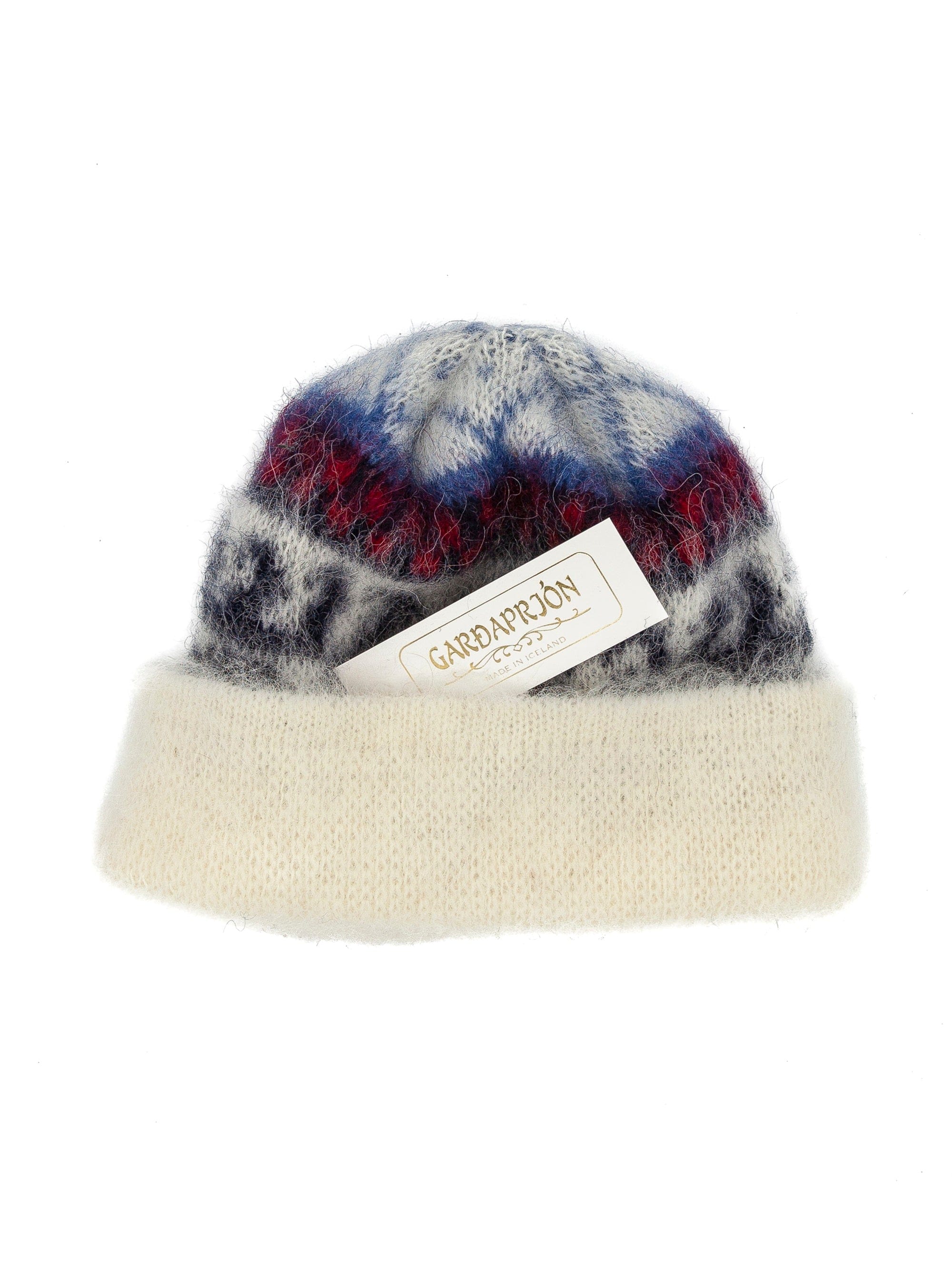 Brushed White Wool Hat - Blue, Black and Red pattern - The Icelandic Store
