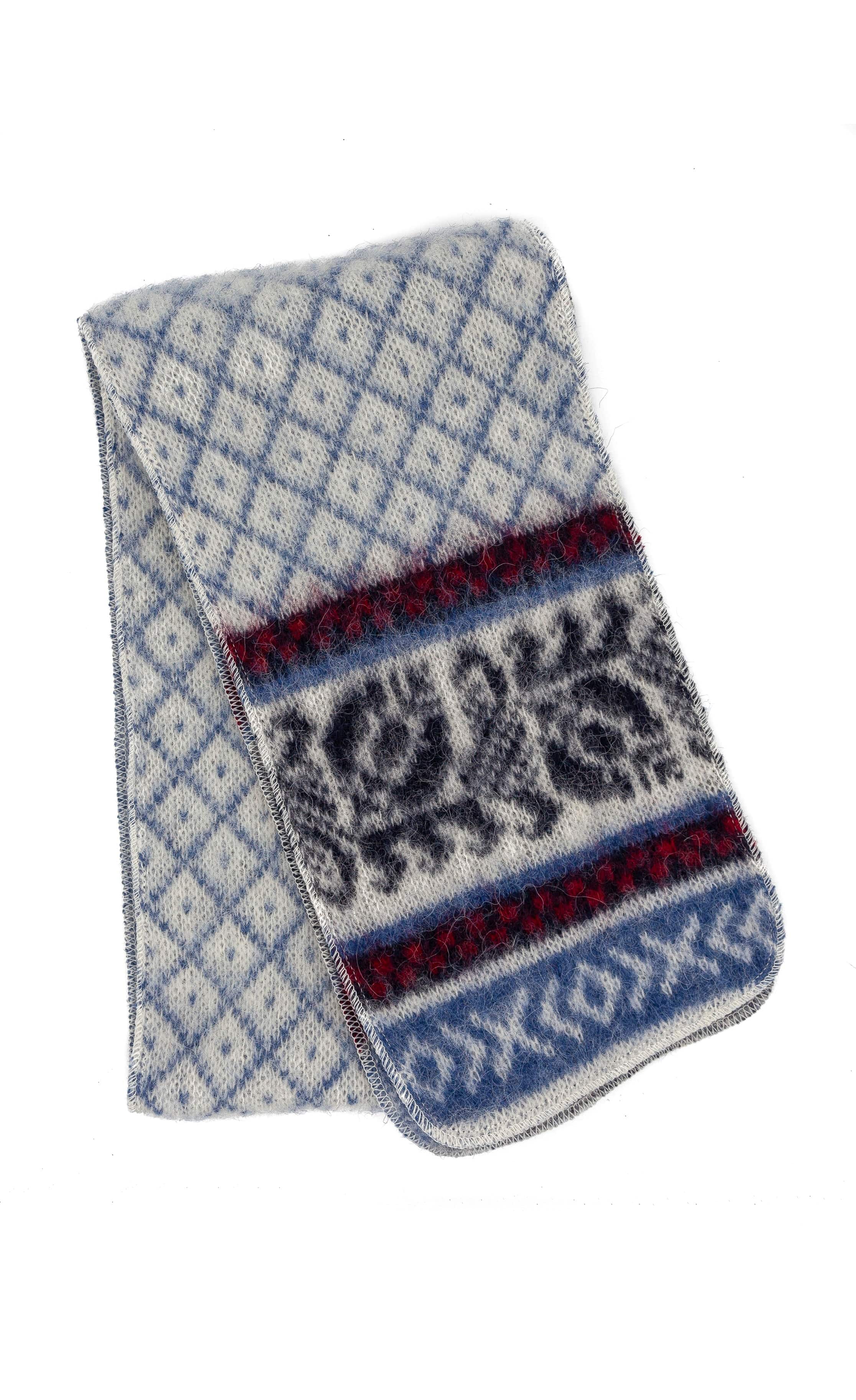 Pack of 4 White Fluffy Red, Blue and Black patterned Mittens, scarf, hat & headband - The Icelandic Store