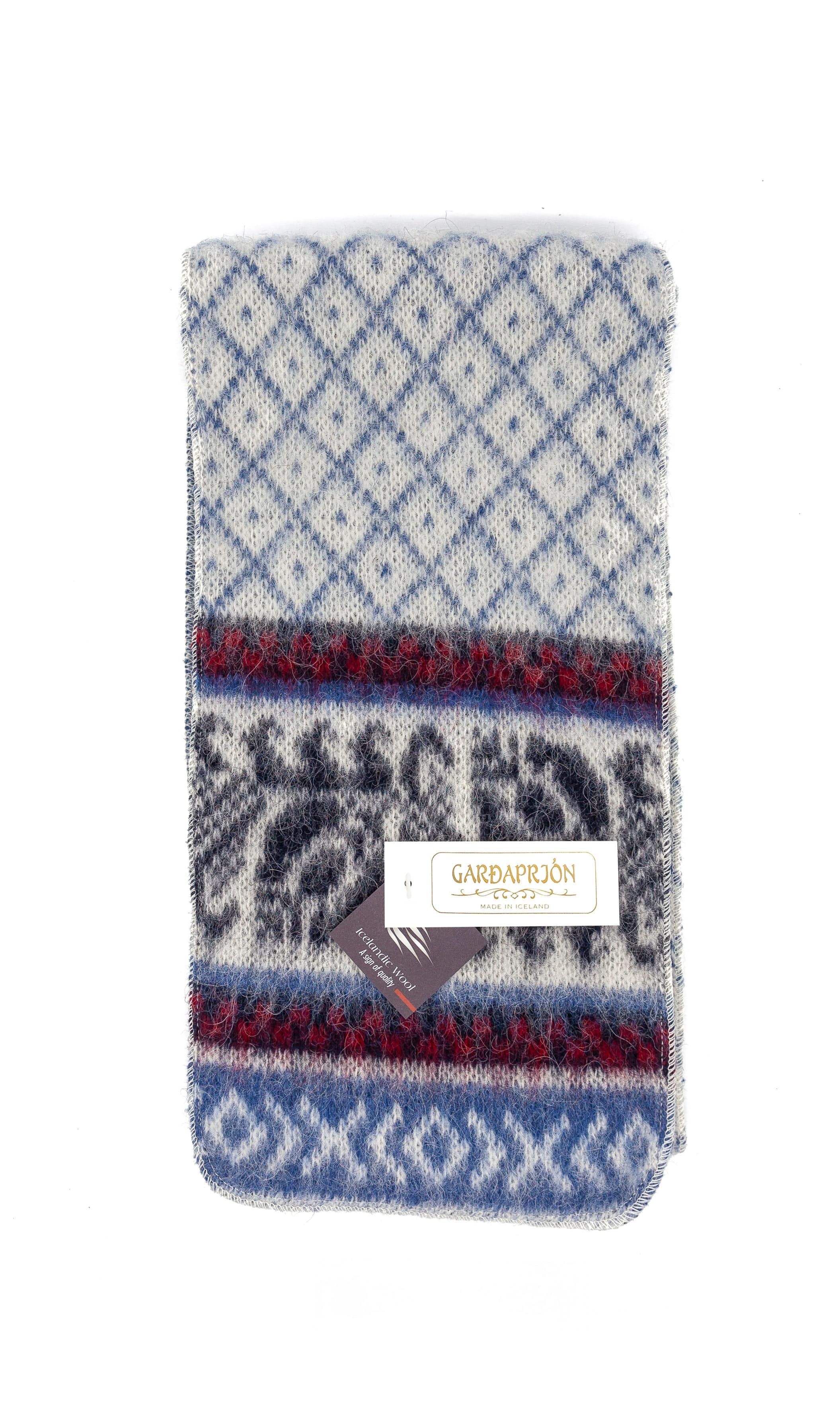 Brushed White Wool Scarf with black, red and blue pattern - The Icelandic Store