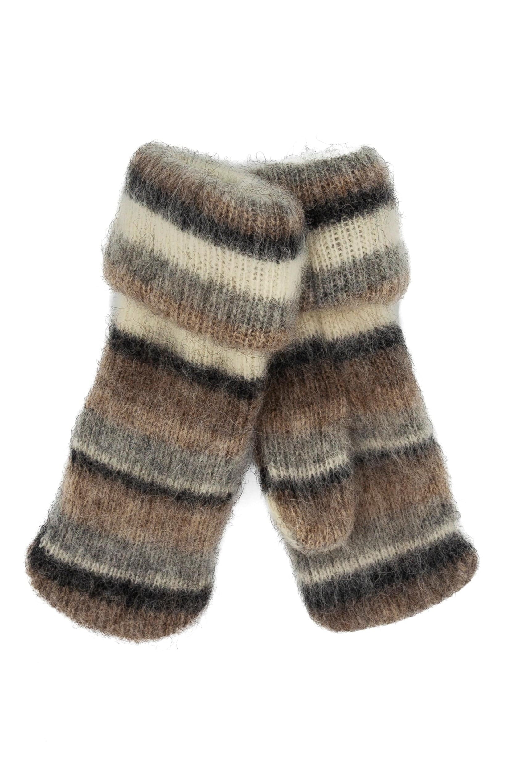 Pack of 4 Fluffy Striped Beige Wool Mittens, scarf, hat & headband - The Icelandic Store