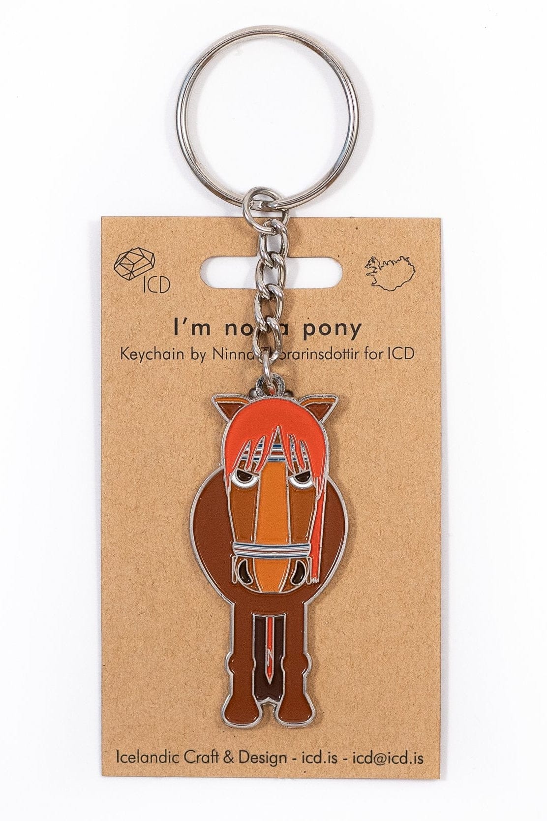 “I’m Not a Pony keychain — metal keychain with enamel on both sides, Nordlings artwork by Ninna Thorarinsdottir (ICD)”