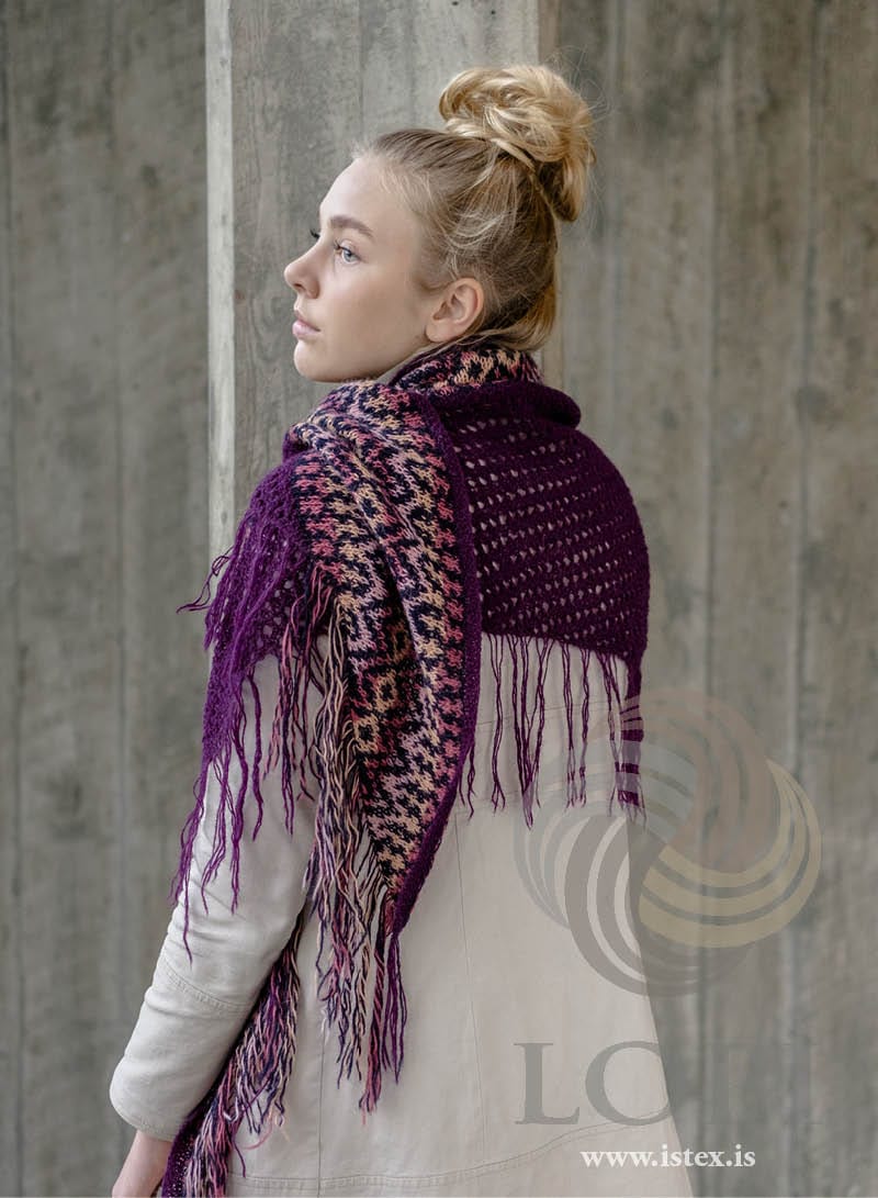 Kónn - Dark Purple Shawl with fringes Knitting Kit - The Icelandic Store