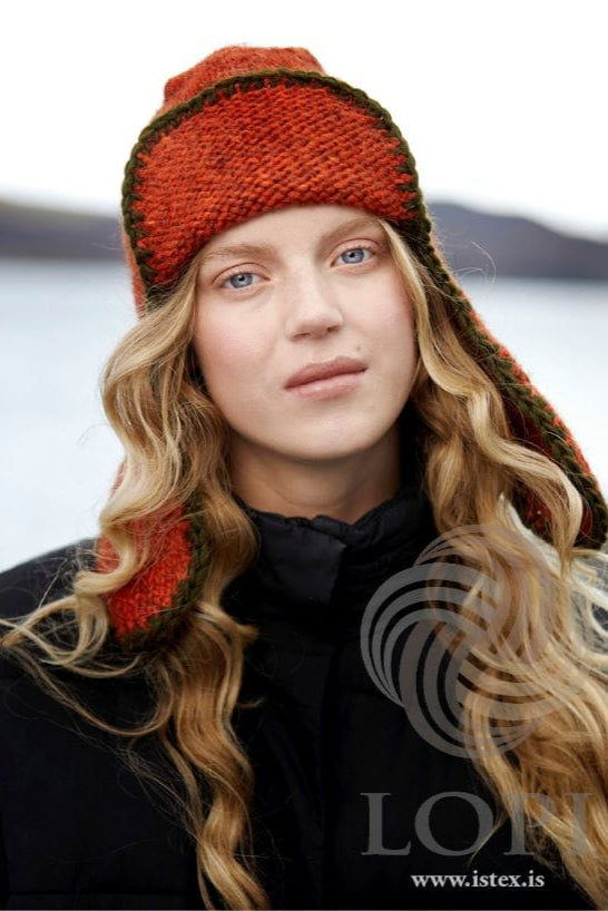 Eyrnastór - Orange wool hat with ear covers - Knitting Kit - The Icelandic Store