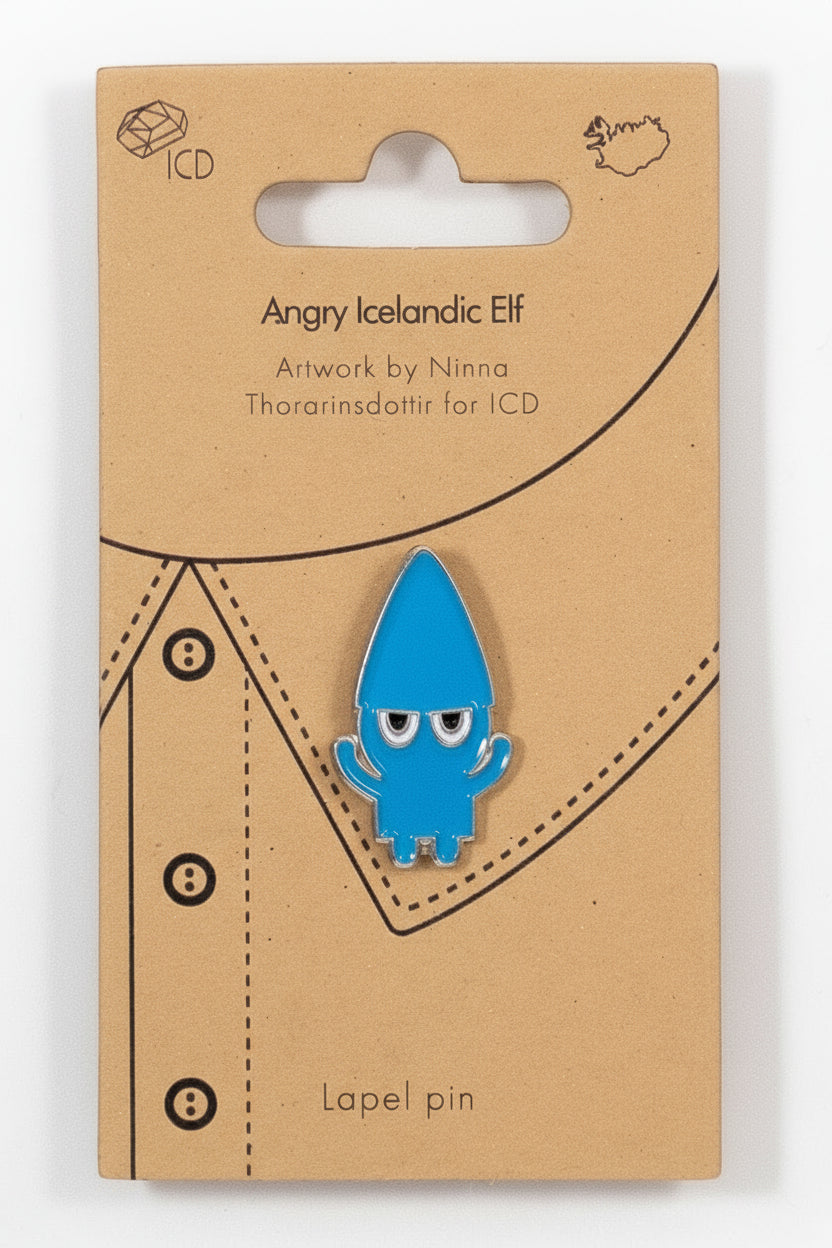 Blue elf lapel pin on a brown card with 'Angry Icelandic Elf' text
