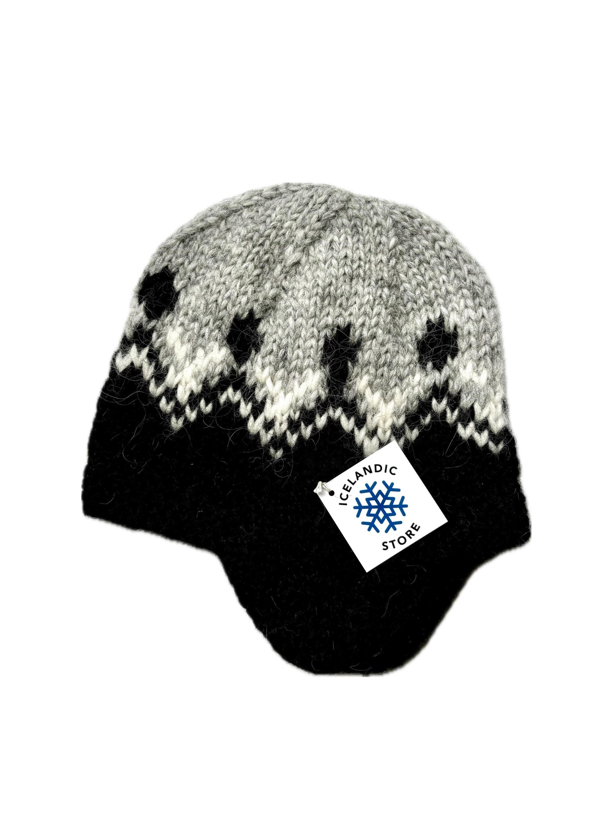 Handknit Wool Hat with ear flaps - Brown & White - The Icelandic Store