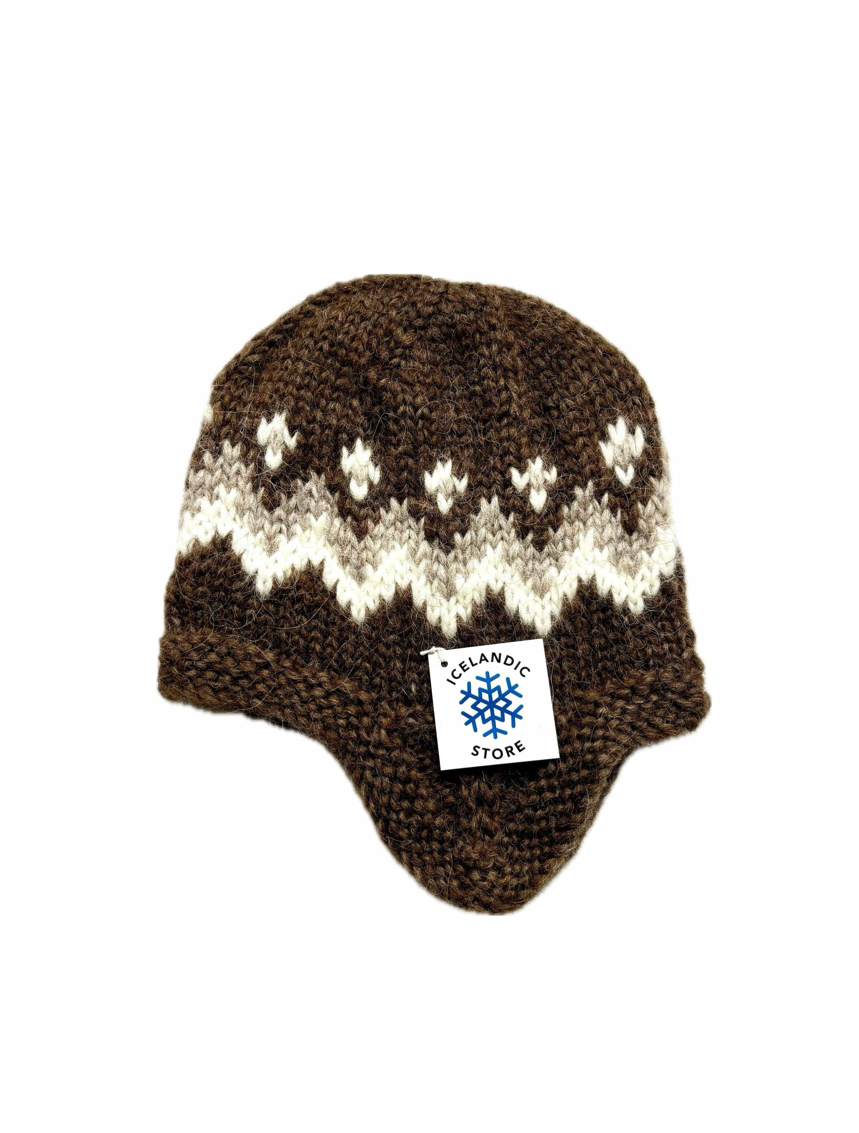 Handknit Wool Hat with ear flaps - Brown & White - The Icelandic Store