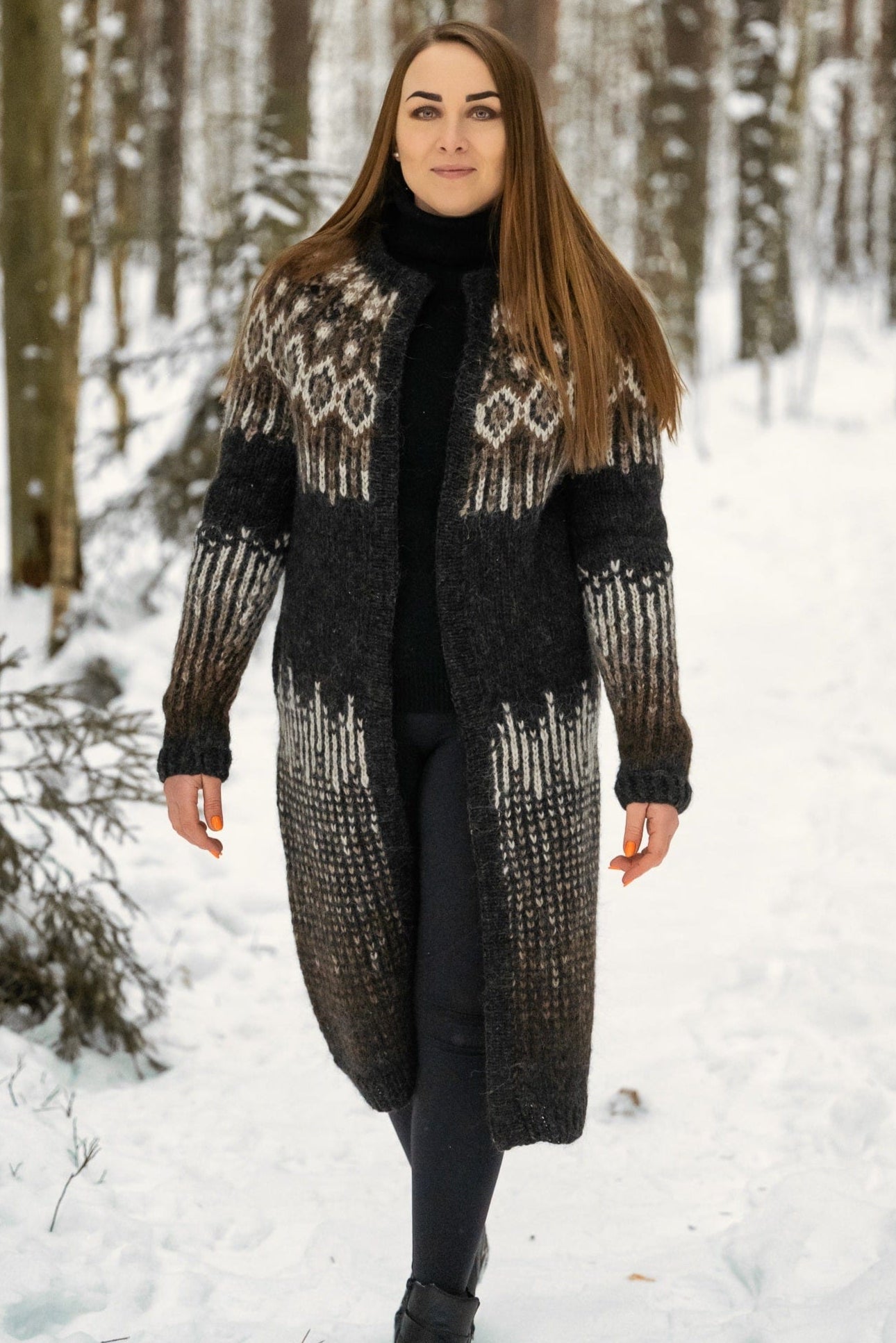 Varma Black Long Sweater Cardigan - Knitting Kit - The Icelandic Store