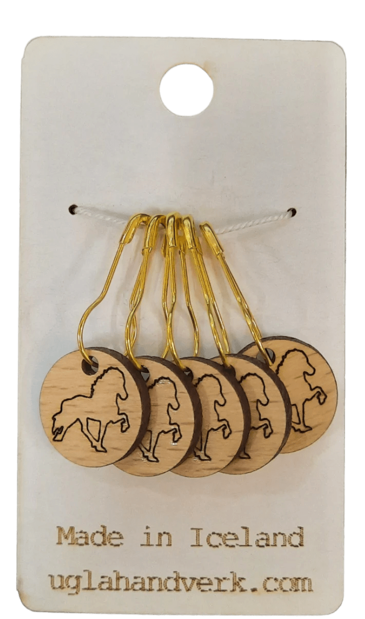 Laser Engraved Wood Stitch Markers set of 5 designed with Icelandic horses.