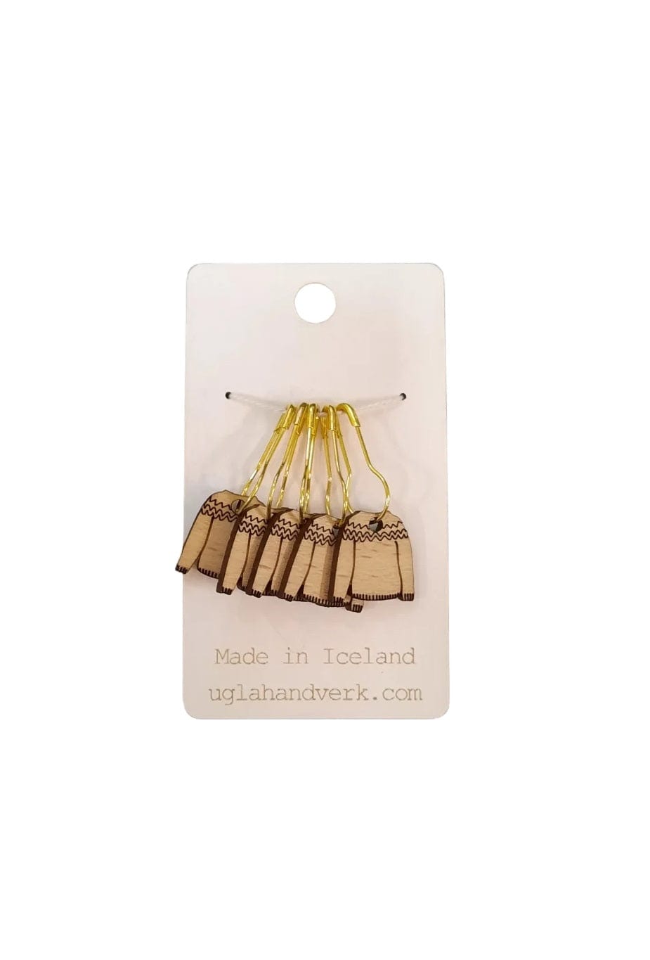 Laser Engraved Wood Stitch Markers set of 5 designed with traditional Icelandic wool sweater.