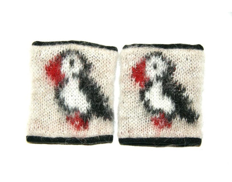 Woolen Wrist Warmers - Puffin pattern Beige - The Icelandic Store