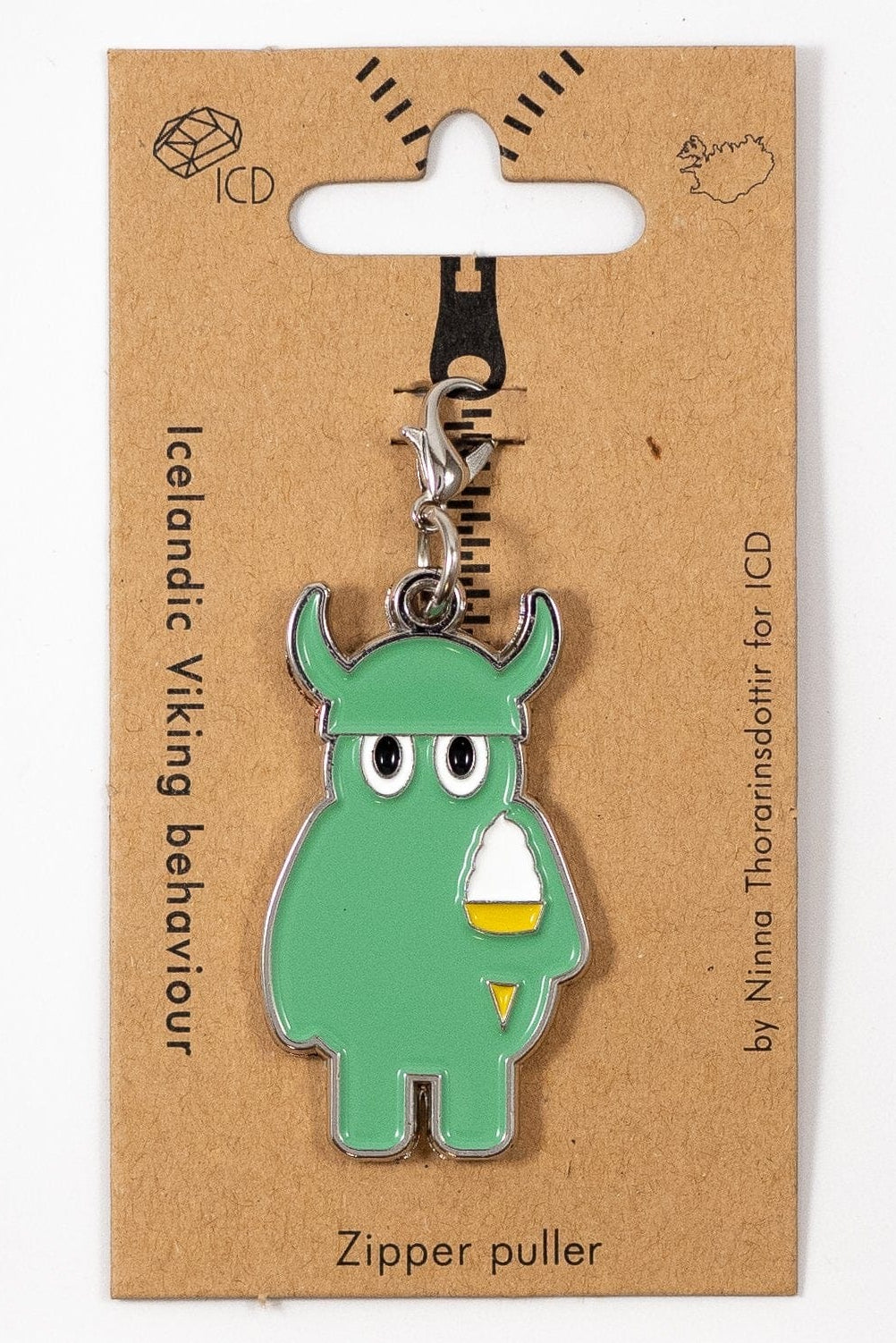 Viking Behavior zipper puller — compact Nordlings character pull for jackets and backpacks, smooth enamel finish (ICD)