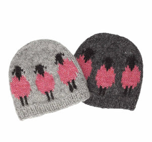 Handknit Wool Hat - Dark Grey / Pink Sheep pattern