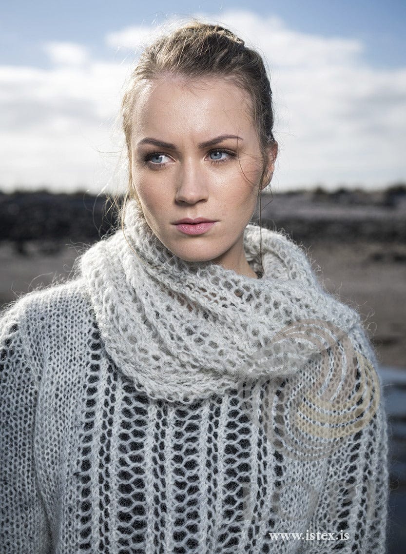 Warm dream sweater shown with the matching lace neckwarmer from the same pattern (neckwarmer yarn not in the kit)