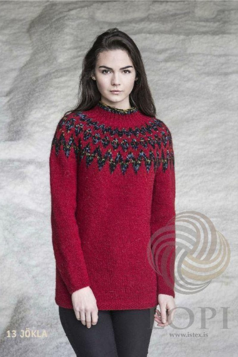 Jökla Icelandic sweater — crimson red with a multicoloured yoke