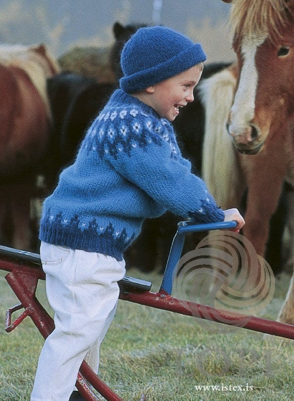 Laughing boy on a red see-saw beside Icelandic horses in the Lopi 12 no. 25 sweater and hat, shown in the pattern’s original colours — bright blue with small white flowers ringed in darker blue on the yoke, a dark border with white dots above the rib at the hem and cuffs, and a plain dark blue hat with a rolled edge (both blues are no longer made). His white trousers and shoe are not part of the pattern