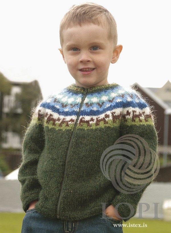 Small boy in Lappi, the green version — a pine green zip cardigan with a green zip, and a yoke of spring green, small brown animals on white and blue bands with white dots, shown in the pattern’s original colours (the brown, hazel, is no longer made). His jeans are not part of the pattern