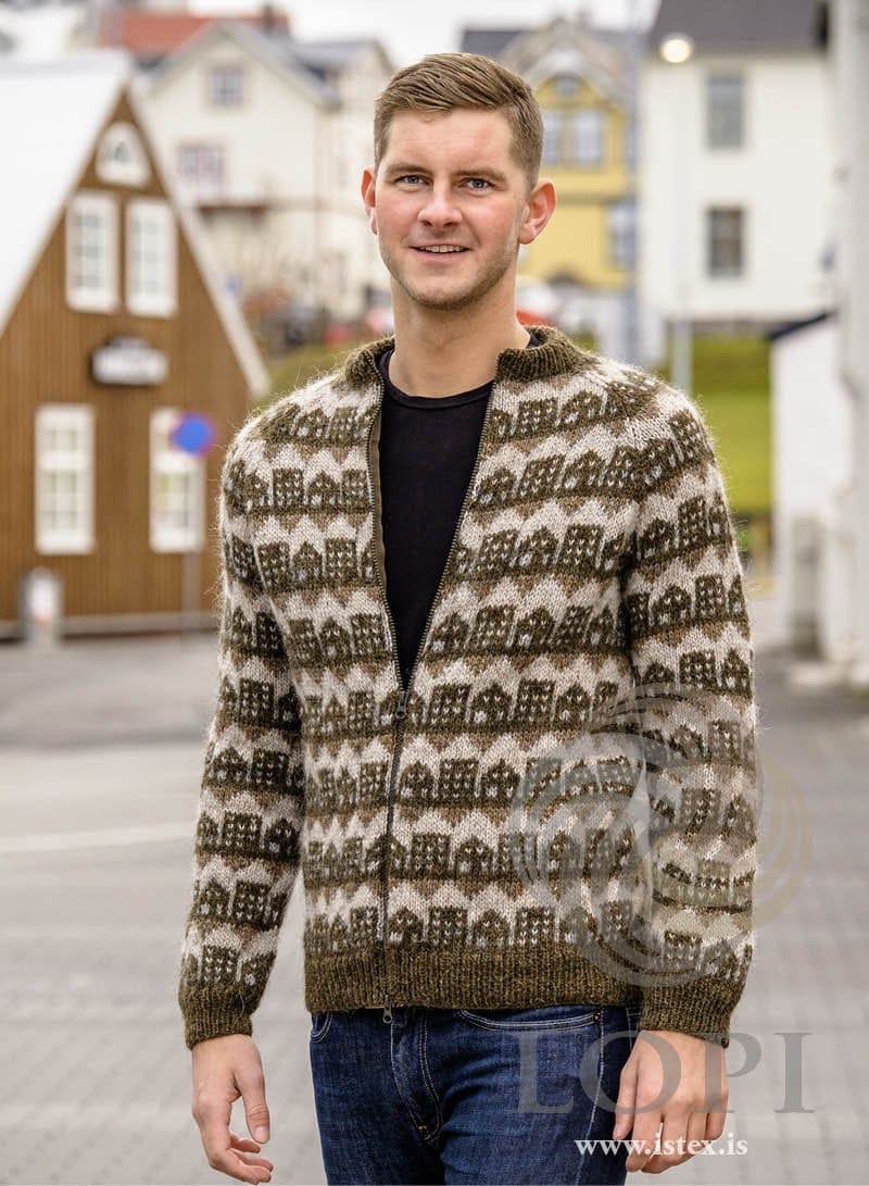 The brown and green Borg mín borg cardigan worn open over a black T-shirt
